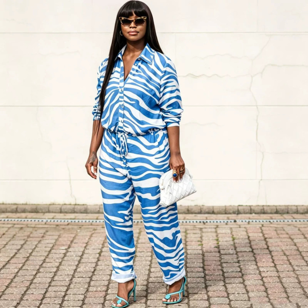 ZARA African Fashion Striped Pants and Shirt Two Piece Set for Women
